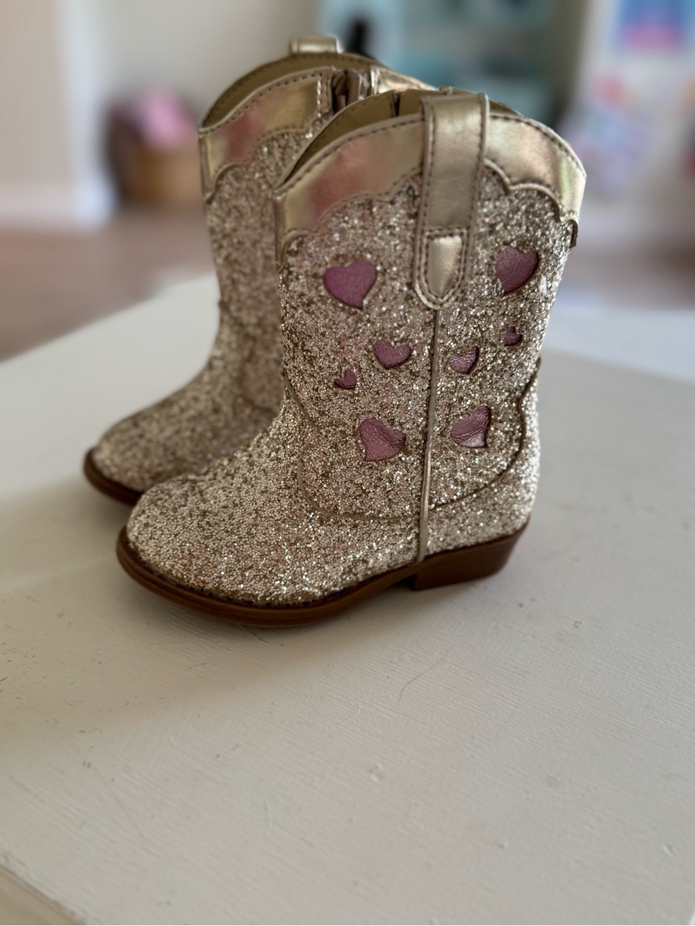 Girls Glitter Heart Cowboy Boots - Pink and Gold